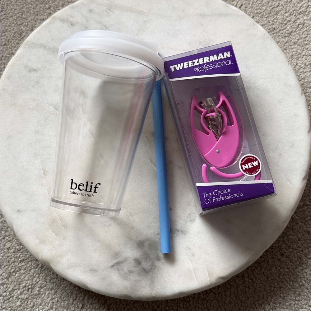 NIB Tweezerman Professional Curl & Go Lash Curler + belif Branded Tumbler
